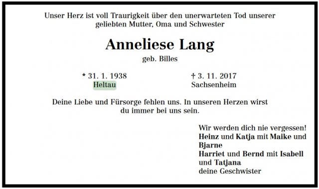 Billes Anneliese 1938-2017 Todesanzeige